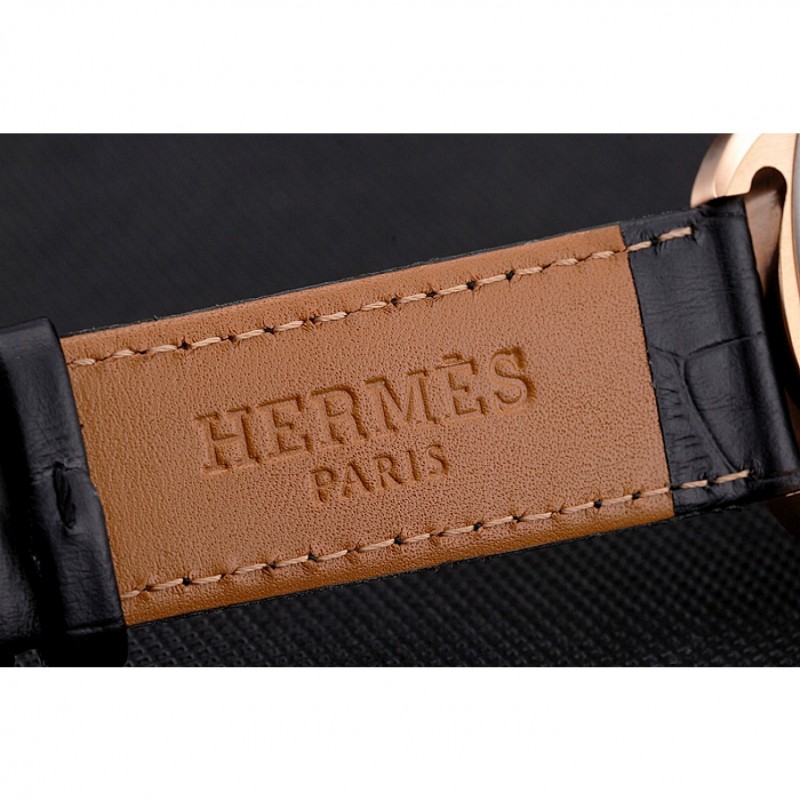 Hermes Dressage Light Brown Dial Rose Gold Case Black Leather Strap-6