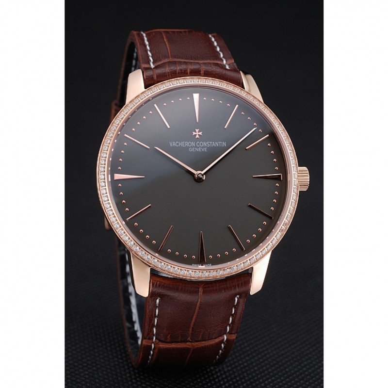 AAA Swiss Vacheron Constantin Patrimony Grand Taille Grey Dial Rose Gold Diamonds Case Brown Leather Bracelet 1454172-2