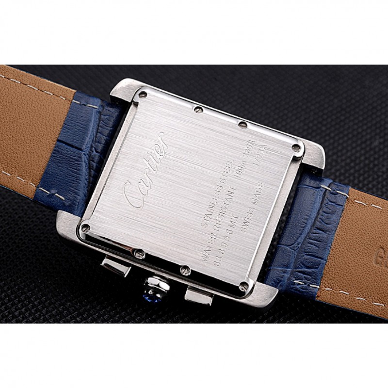 Cheap Replica Watches Cartier Tank MC Blue Dial Stainless Steel Case Blue Leather Bracelet 622691-8