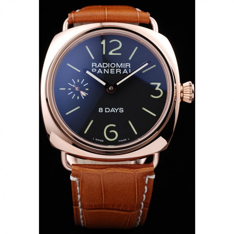 Panerai Radiomir Rose Gold Case Black Dial Brown Leather Strap 98136-1