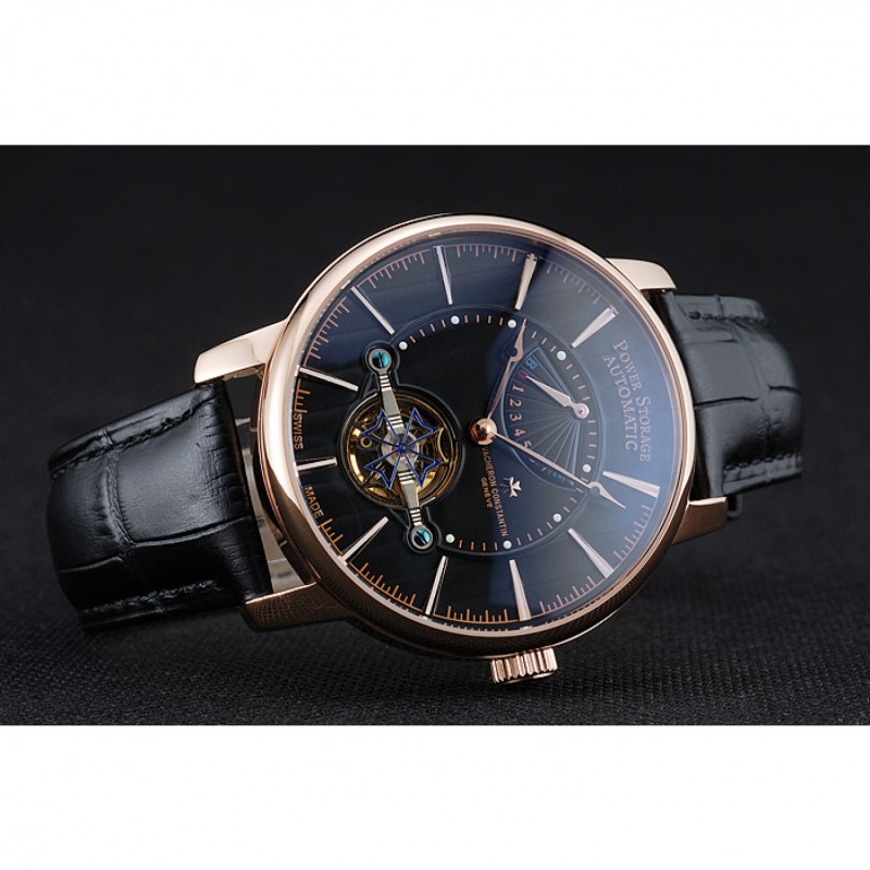 High End Replica Watches Vacheron Constantin Tourbillion Power Reserve Black Dial Gold Case Black Leather Bracelet 1454271-4