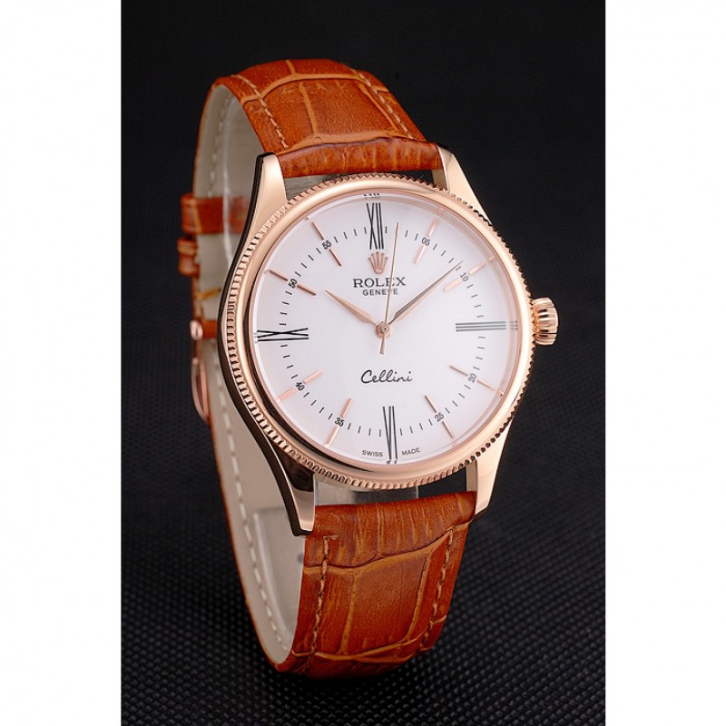Cheap Swiss Rolex Cellini White Dial Roman Numerals Rose Gold Case Light Brown Leather Strap-2