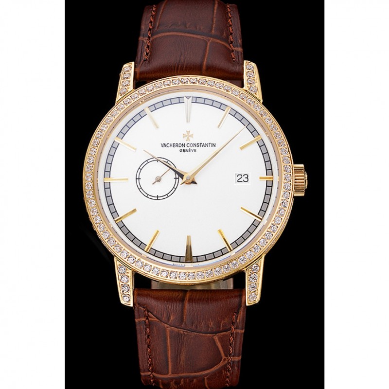 Luxury Replica Watches Swiss Vacheron Constantin Patrimony Contemporaine Gold Diamond Case White Dial Brown Leather Bracelet 622686-1