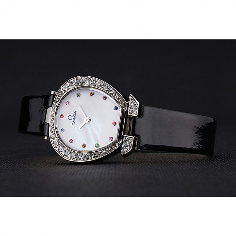 High End Replica Watches Omega Ladies Watch White Dial With Jewels Stainless Steel Case With Diamonds Case White Leather Strap 622826-4