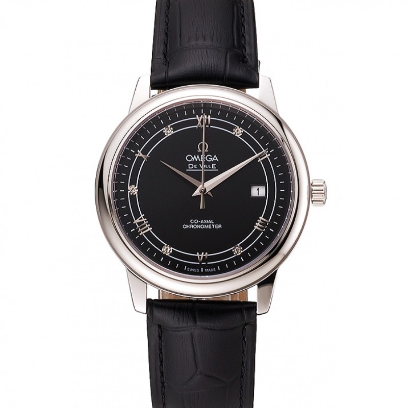 Omega De Ville Prestige Black Dial Stainless Steel Case Black Leather Strap-0