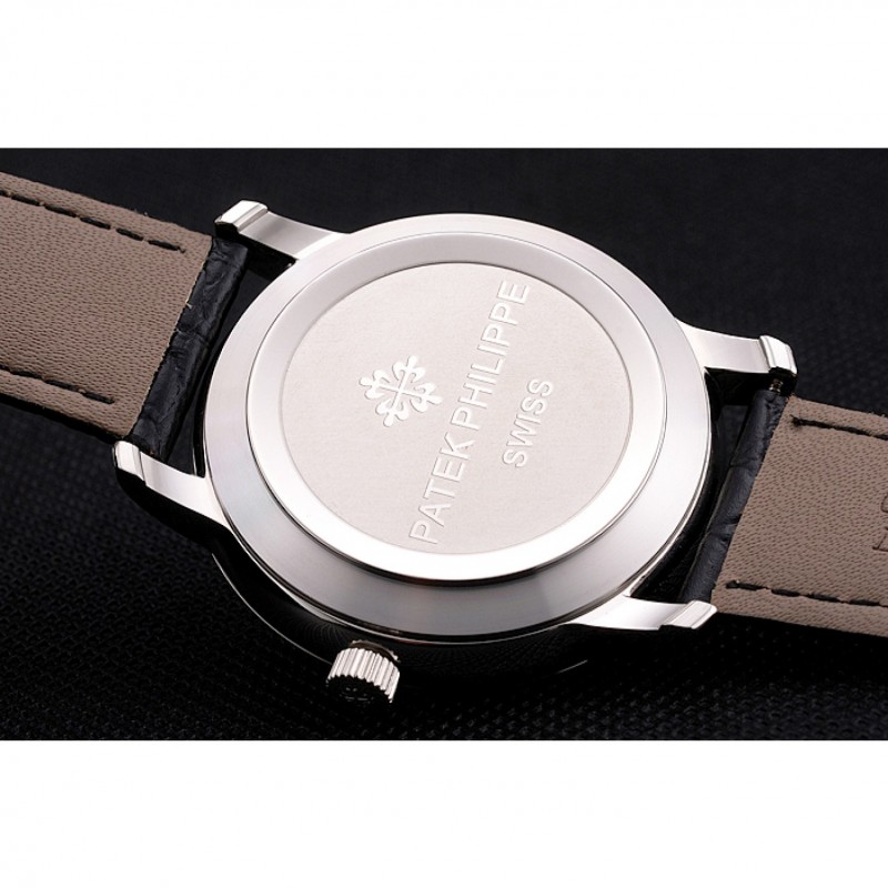 High End Patek Philippe Calatrava Date White Embossed Dial Stainless Steel Case Black Leather Strap-7