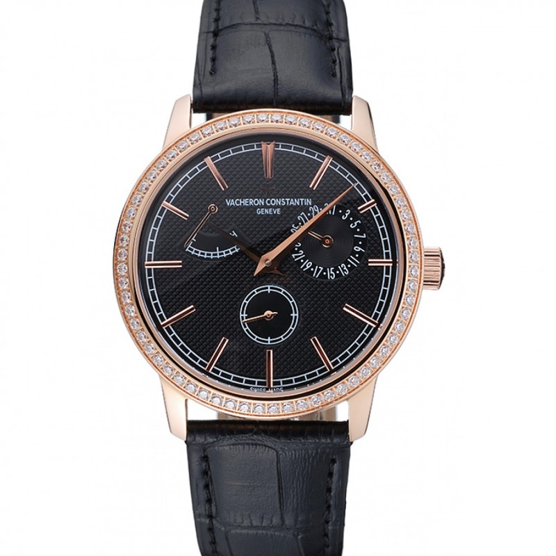 Vacheron Constantin Patrimony Power Reserve Black Dial Gold Diamond Case Black Leather Bracelet 1454269-0