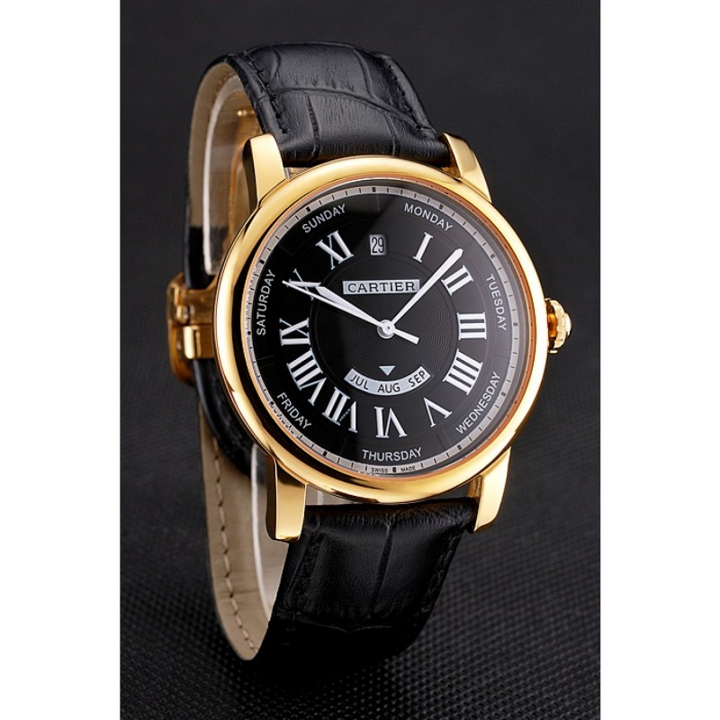 Swiss Cartier Rotonde Annual Calendar Black Dial Gold Case Black Leather Strap-2
