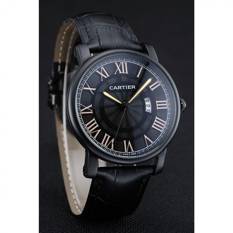 SS Cartier Rotonde Black Dial Black Case Black Leather Bracelet 1454218-2