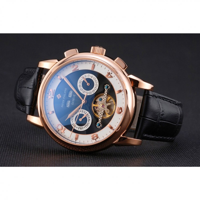 Patek Philippe Perpetual Calendar Tourbillon Black And White Dial Rose Gold Case Black Leather Strap-4