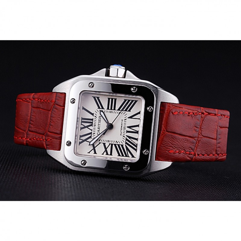 SS Replica Watches Swiss Cartier Santos White Dial Stainless Steel Case Red Leather Bracelet 622551-4