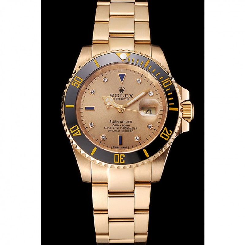 Swiss Rolex Submariner Gold Dial With Diamond Markings Black Bezel Yellow Gold Case And Bracelet-1