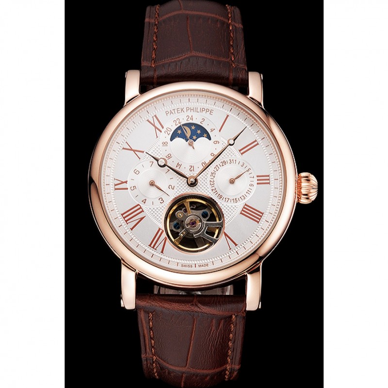 Patek Philippe Grand Complications Moonphase Perpetual Calendar Tourbillon White Dial Rose Gold Case Brown Leather Strap-1