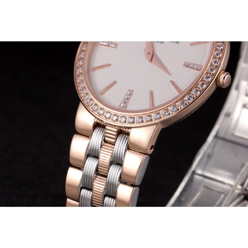 Cheap Vacheron Constantin Patrimony Traditionnelle White Dial Rose Gold Diamond Case Two Tone Bracelet-6