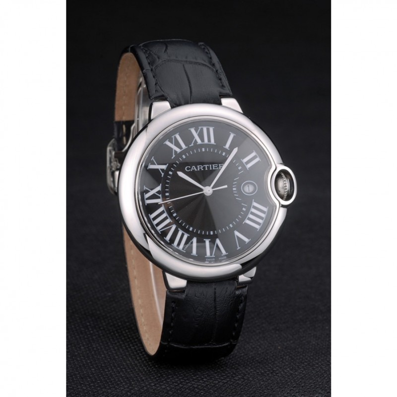 SS Cartier Ballon Bleu 42mm Black Dial Stainless Steel Case Black Leather Bracelet-2