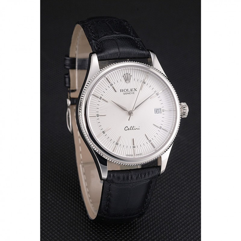 Swiss Rolex Cellini Date White Dial Stainless Steel Case Black Leather Strap-2