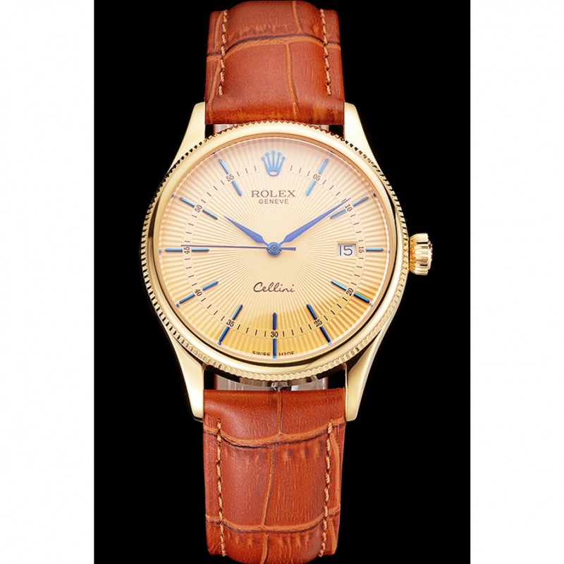 Swiss Rolex Cellini Date Gold Guilloche Dial Gold Case Light Brown Leather Strap-1