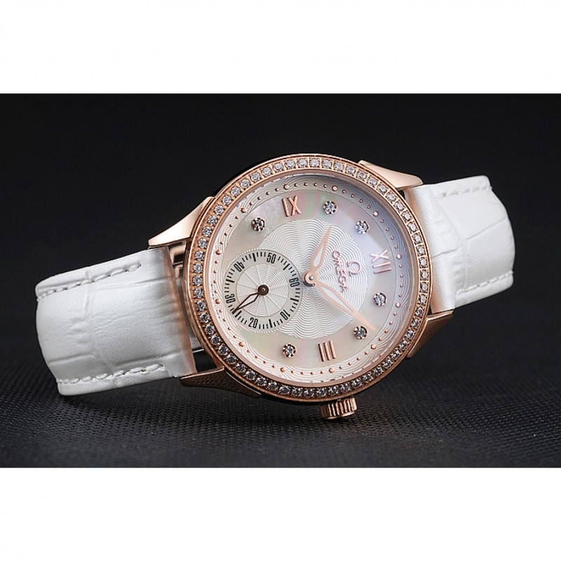 High Quality Replica Watches Omega DeVille Prestige White Dial Gold Diamond Case White Leather Bracelet 1454122-4