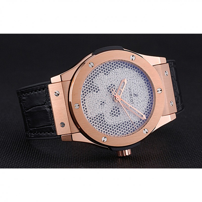 Hublot Classic Fusion Diamond Skull Dial Gold Case Black Leather Strap 622816-4
