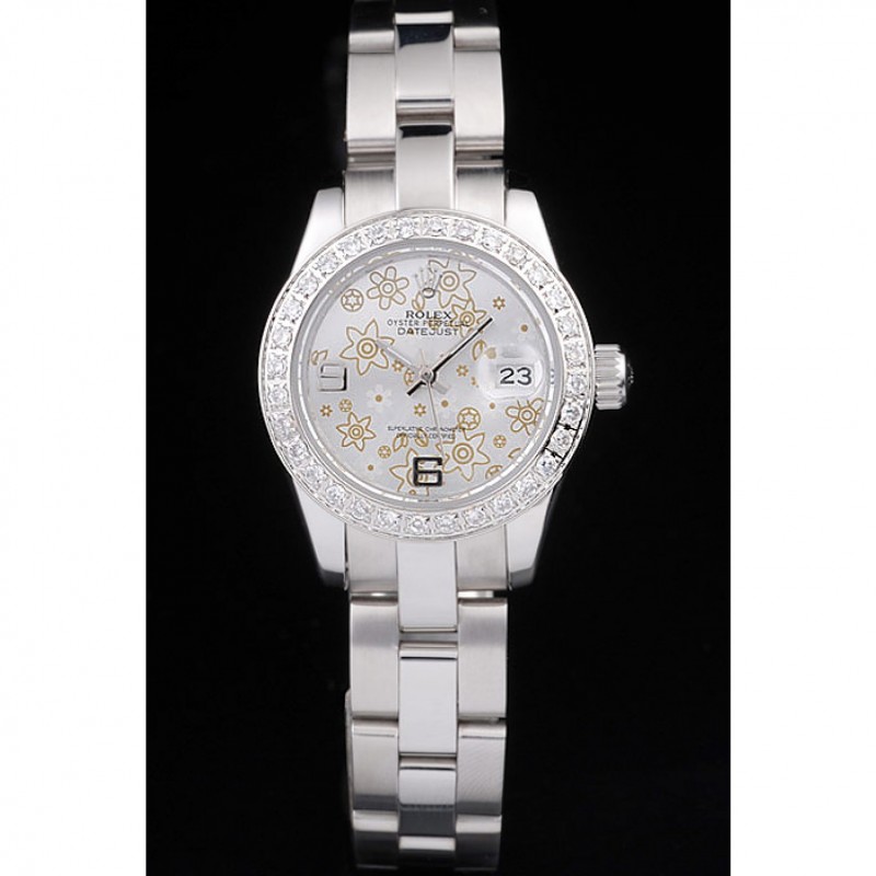 Rolex Datejust Polished Stainless Steel Silver Flowers Dial Diamond Plated 98082-1