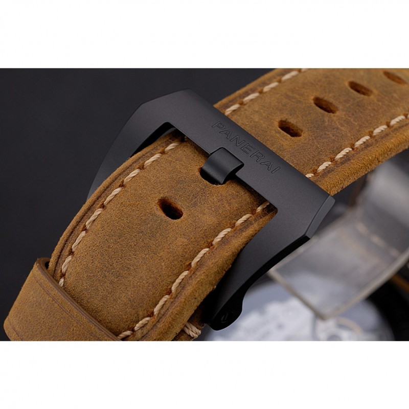 Swiss Panerai Luminor Ceramica Flyback Chronograph Black Dial Black Case Brown Leather Strap-5
