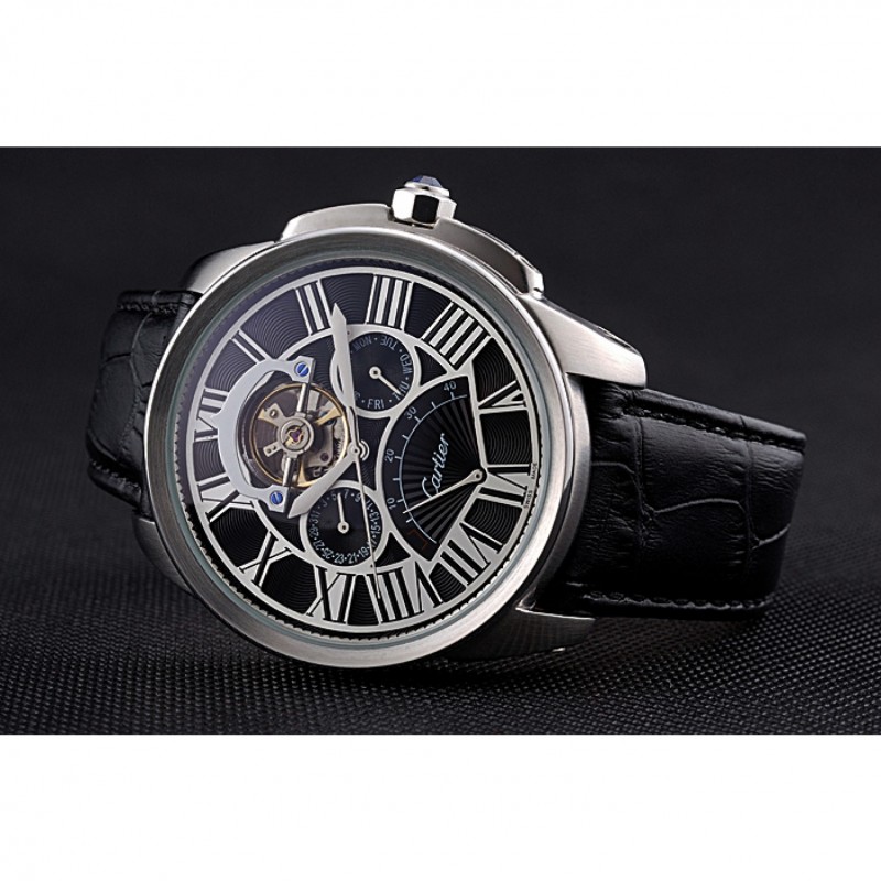 High End Replica Watches Cartier Calibre Tourbillon Black Dial Stainless Steel Case Black Leather Strap 622752-3