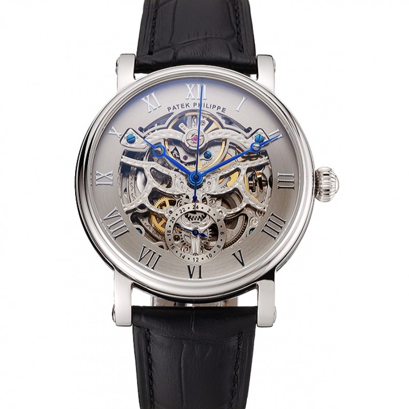 Patek Philippe Grand Complications Gray Skeleton Dial Stainless Steel Case Black Leather Strap 1453811-0