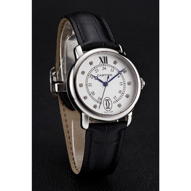 Cartier Ronde White Dial Diamond Hour Marks Stainless Steel Case Black Leather Strap-2