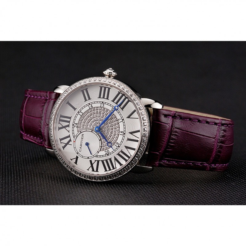 Cartier Ronde Louis Silver Diamond Case White Dial Purple Leather Bracelet 1454009-3