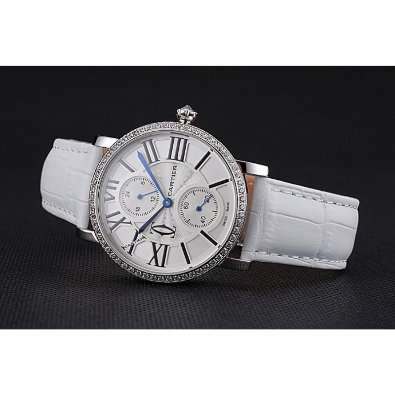 High Quality Replica Watches Cartier Ronde Second Time Zone White Dial Stainless Steel Case With Diamonds White Leather Strap 622803-4