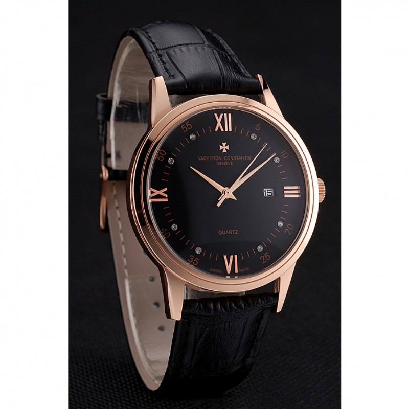 High End Replica Watches Vacheron Constantin Patrimony Chronometre Royal Black Dial Rose Gold Case Black Leather Strap-2