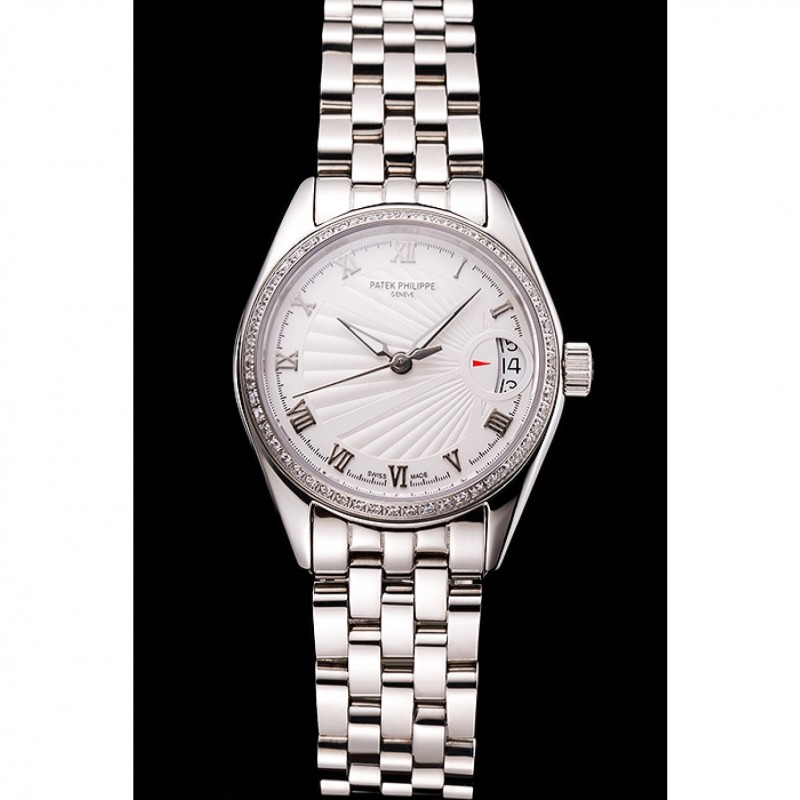 AAA Replica Watches Swiss Patek Philippe Calatrava White Dial Diamond Bezel Stainless Steel Case And Bracelet-1
