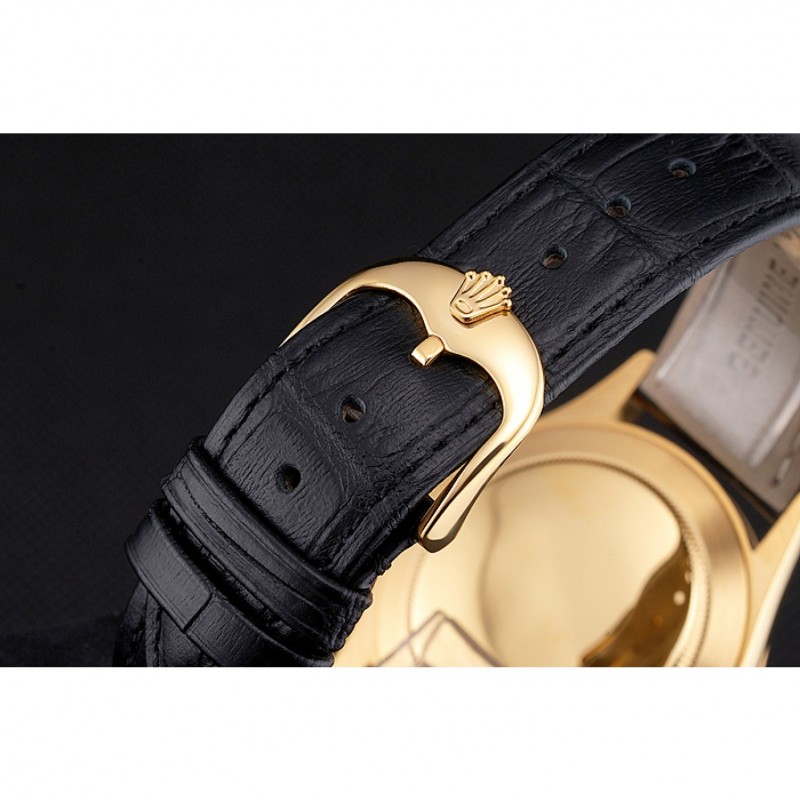 Swiss Rolex Cellini Black Dial Roman Numerals Gold Case Black Leather Strap-5