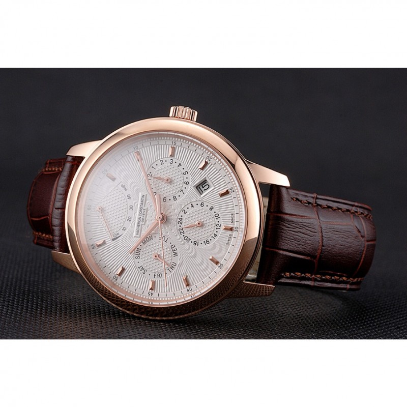 Swiss Vacheron Constantin Traditionnelle Power Reserve White Dial Rose Gold Case Brown Leather Strap-4