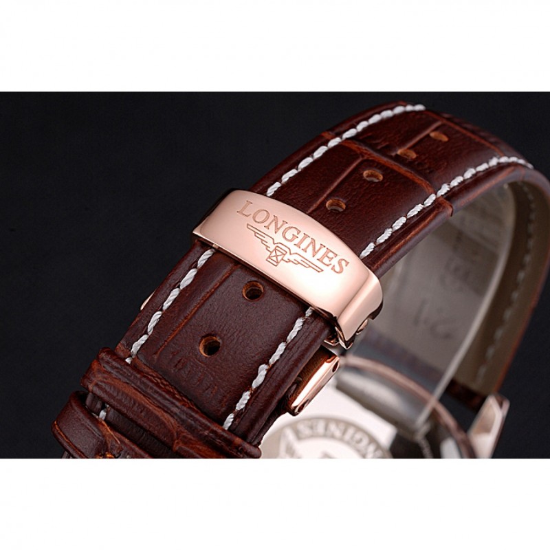 Luxury Replica Watches Longines Column Wheel White Dial Gold Case Brown Leather Strap-5