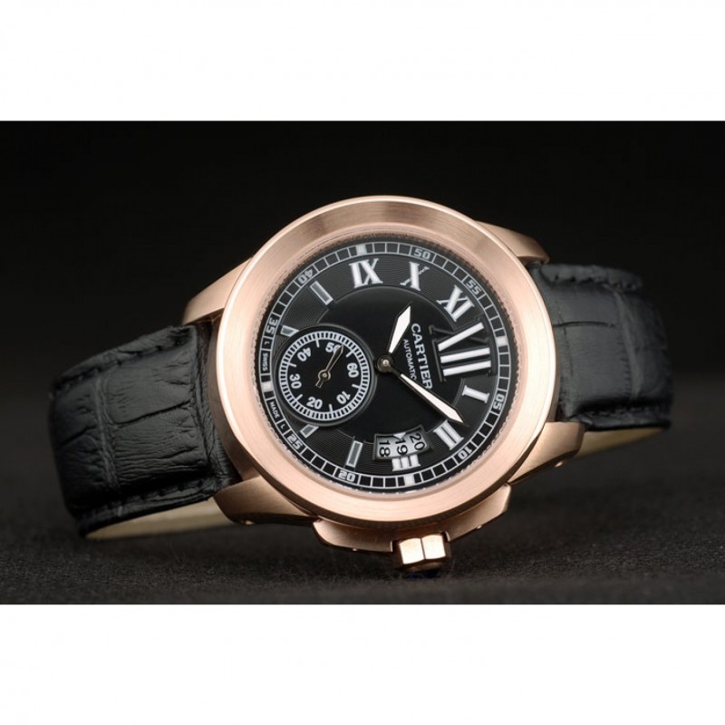 Cartier Calibre Black Dial Gold Case Black Leather Bracelet-3