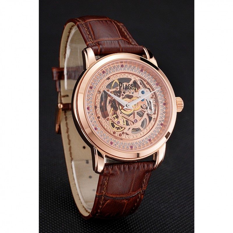 Swiss Piaget Altiplano Rose Gold Skeleton Dial With Diamonds Rose Gold Case Brown Leather Strap-2