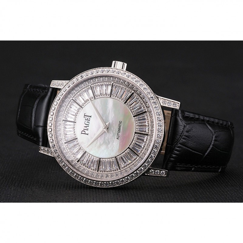 Swiss Piaget Altiplano Diamond Set Stainless Steel Case And Pearl Dial Black Leather Strap 1453746-3