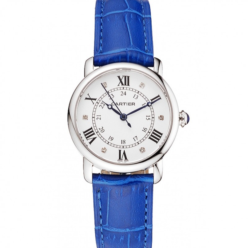 Cartier Ronde White Dial Diamond Hour Marks Stainless Steel Case Blue Leather Strap-0