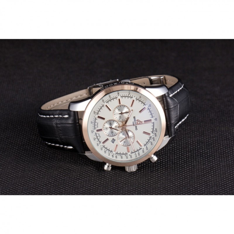 Breitling Transocean White Dial Black Leather Strap Rose Gold Bezel 98205-3