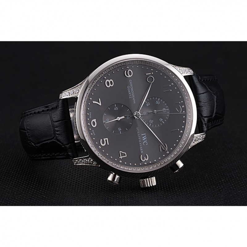 IWC Portugieser Chronograph Black Diamond Dial Black Leather Bracelet-3