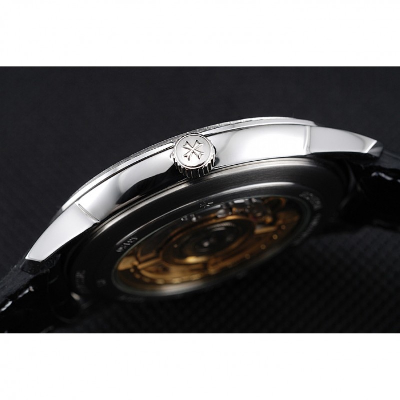 Swiss Vacheron Constantin Patrimony Grey Dial Silver Diamonds Case Black Leather Bracelet 1454163-8