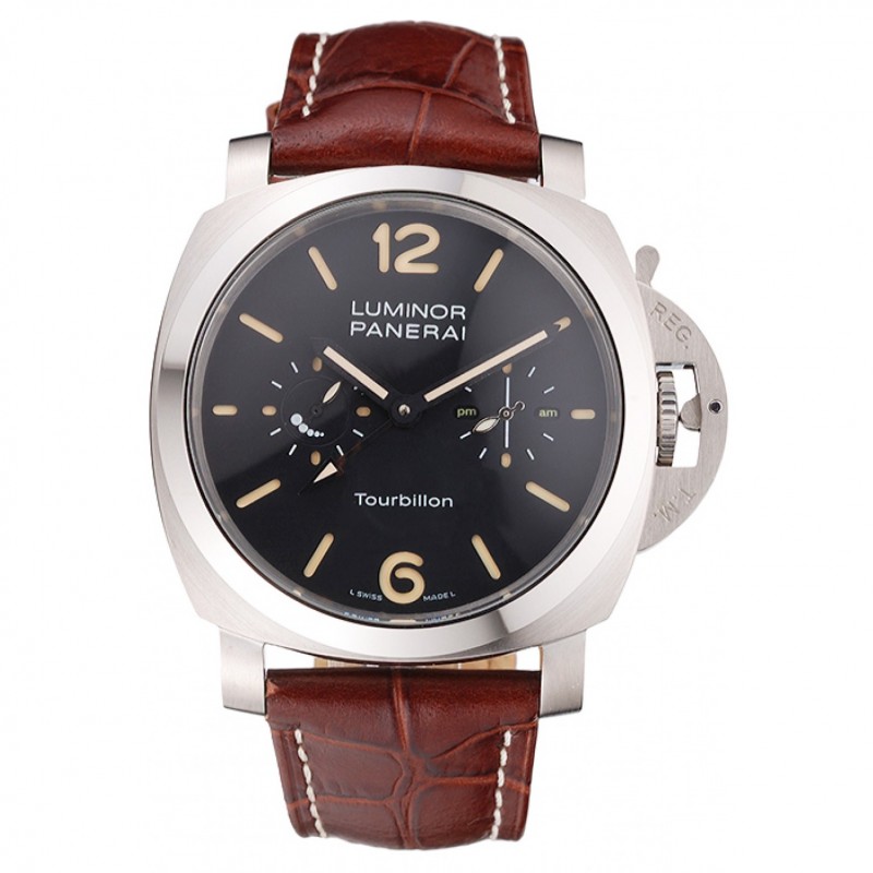 SS Replica Watches Panerai Luminor 1950 Tourbillon GMT Black Dial Stainless Steel Case Brown Leather Strap-0