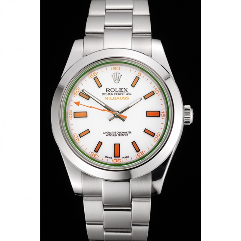 Luxury Swiss Rolex Milgauss White Dial Orange Markings Stainless Steel Case And Bracelet-1