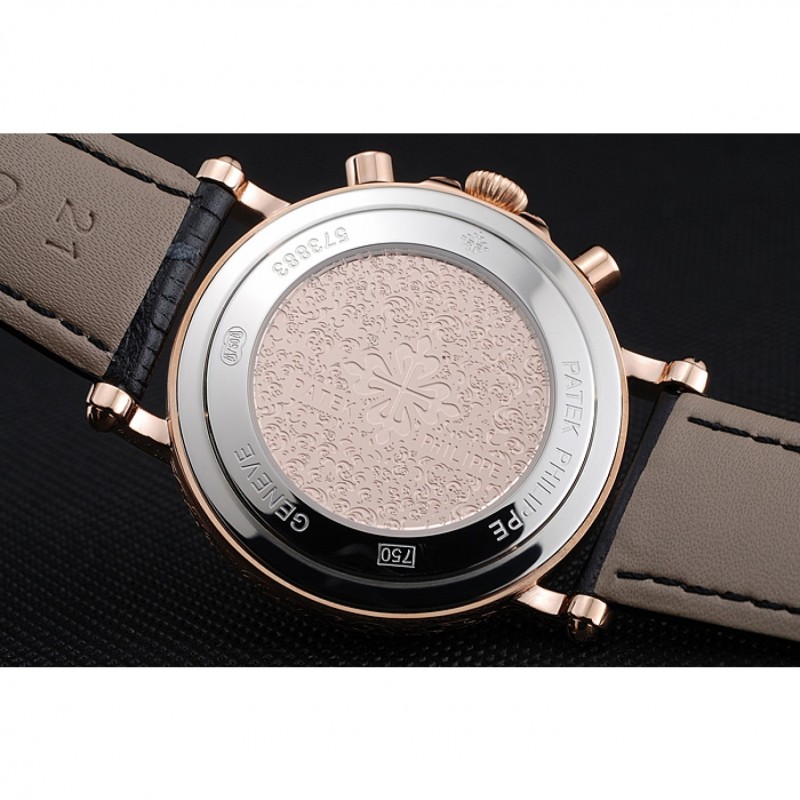 SS Replica Watches Patek Philippe Grand Complications White Dial Engraved Rose Gold Case Black Leather Bracelet 1454144-7