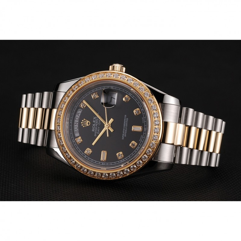 Cheap Replica Watches Swiss Rolex Day-Date Black Dial Gold Diamond Case Two Tone Stainless Steel Bracelet 1453976-2