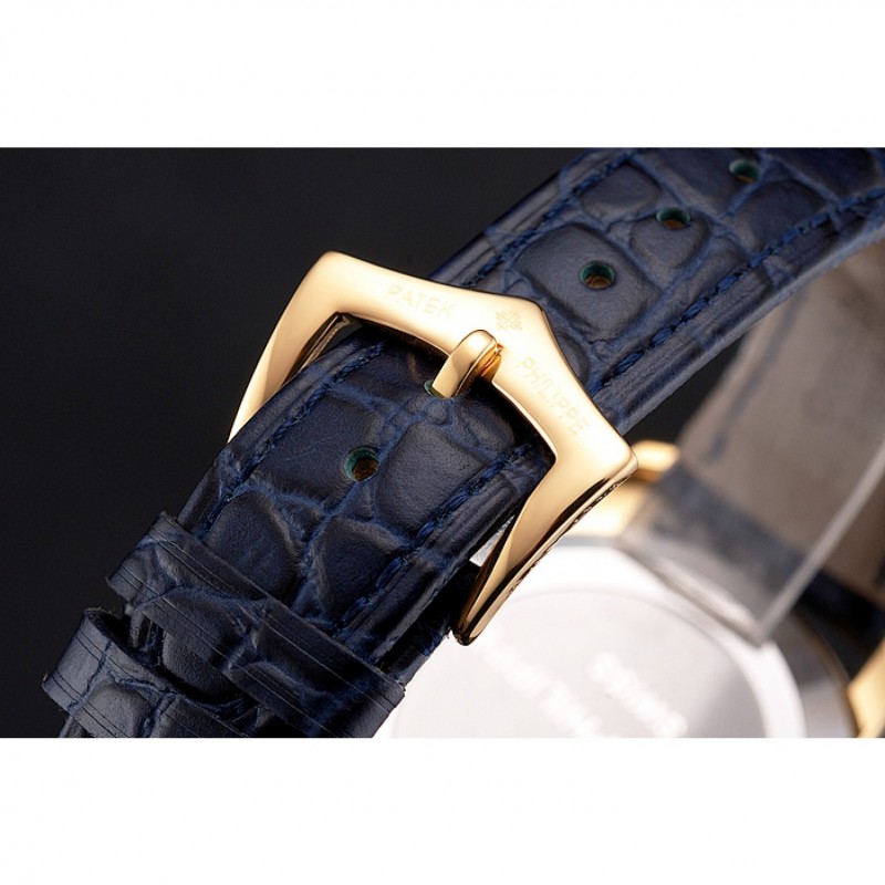Cheap Replica Watches Patek Philippe Calatrava Date Blue Embossed Dial Gold Case Blue Leather Strap-5