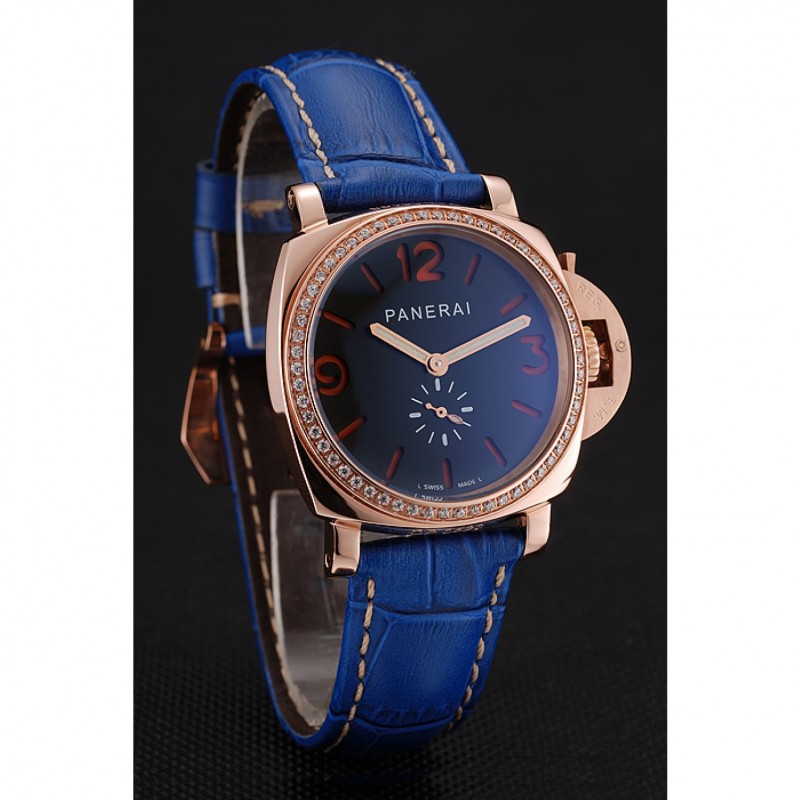 Panerai Radiomir Black Dial Diamond Bezel Rose Gold Case Blue Leather Strap 1453800-2