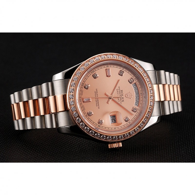 AAA Swiss Rolex Day-Date Diamonds Bezel Rose Gold And Staineless Steel Bracelet 1454107-3