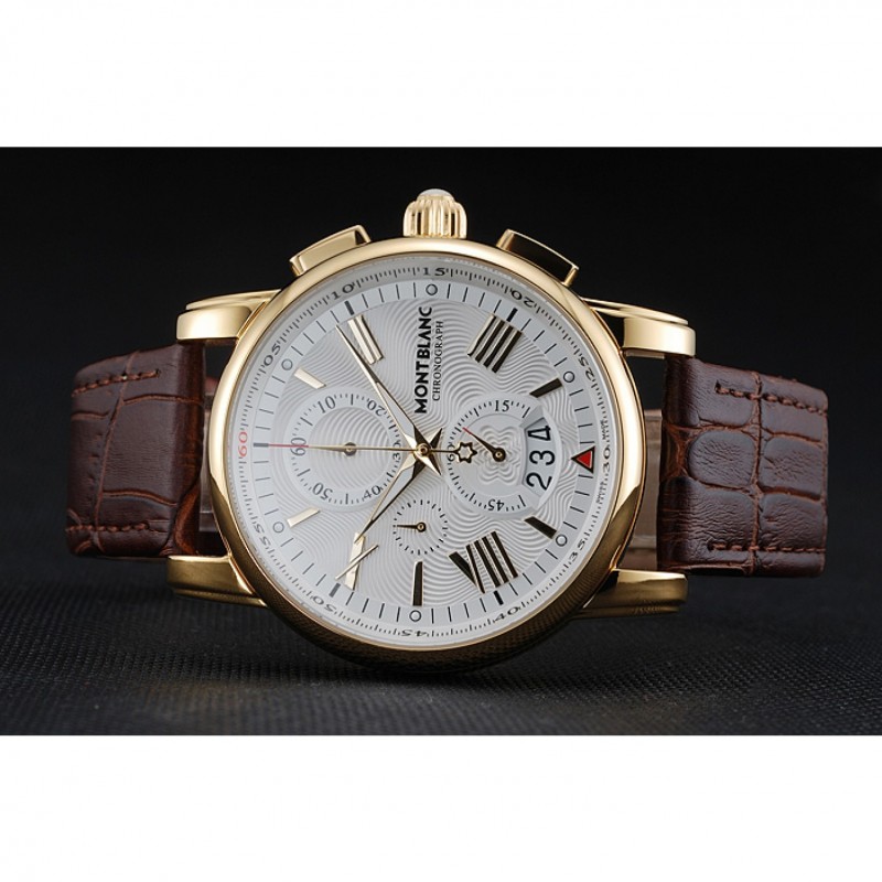 Cheap Replica Watches Montblanc Chronograph White Dial Brown Leather Bracelet Gold Case 1454113-4